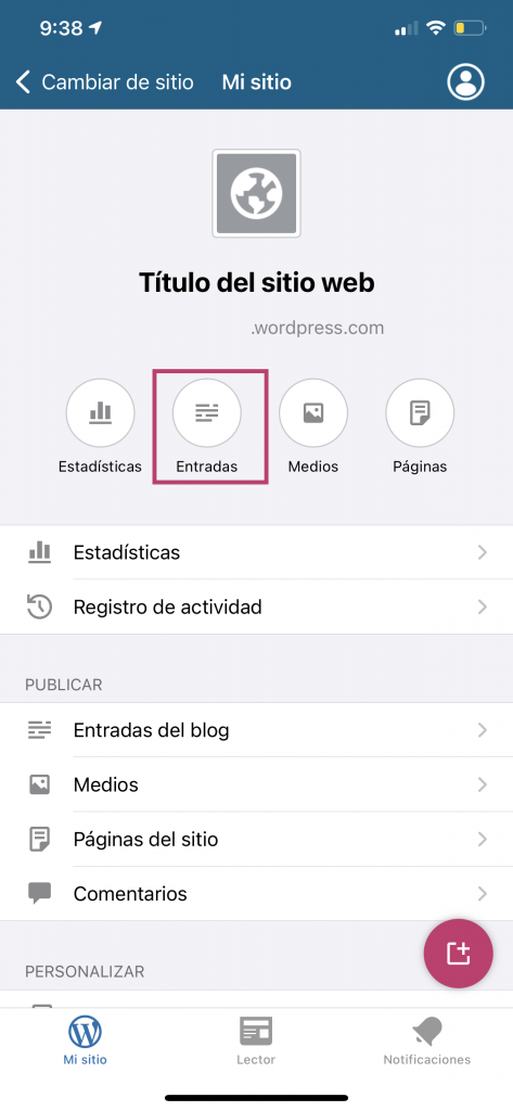 Escritorio WordPress desde movil