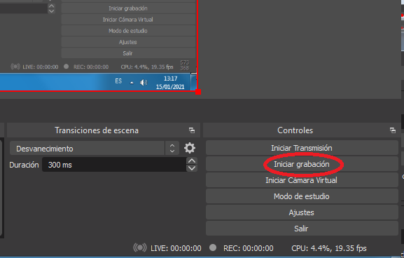 Imagen iniciando una grabación de OBS