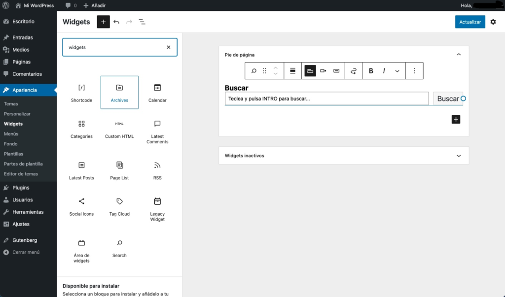 Widgets en bloques Interfaz del editor de bloques para widgets