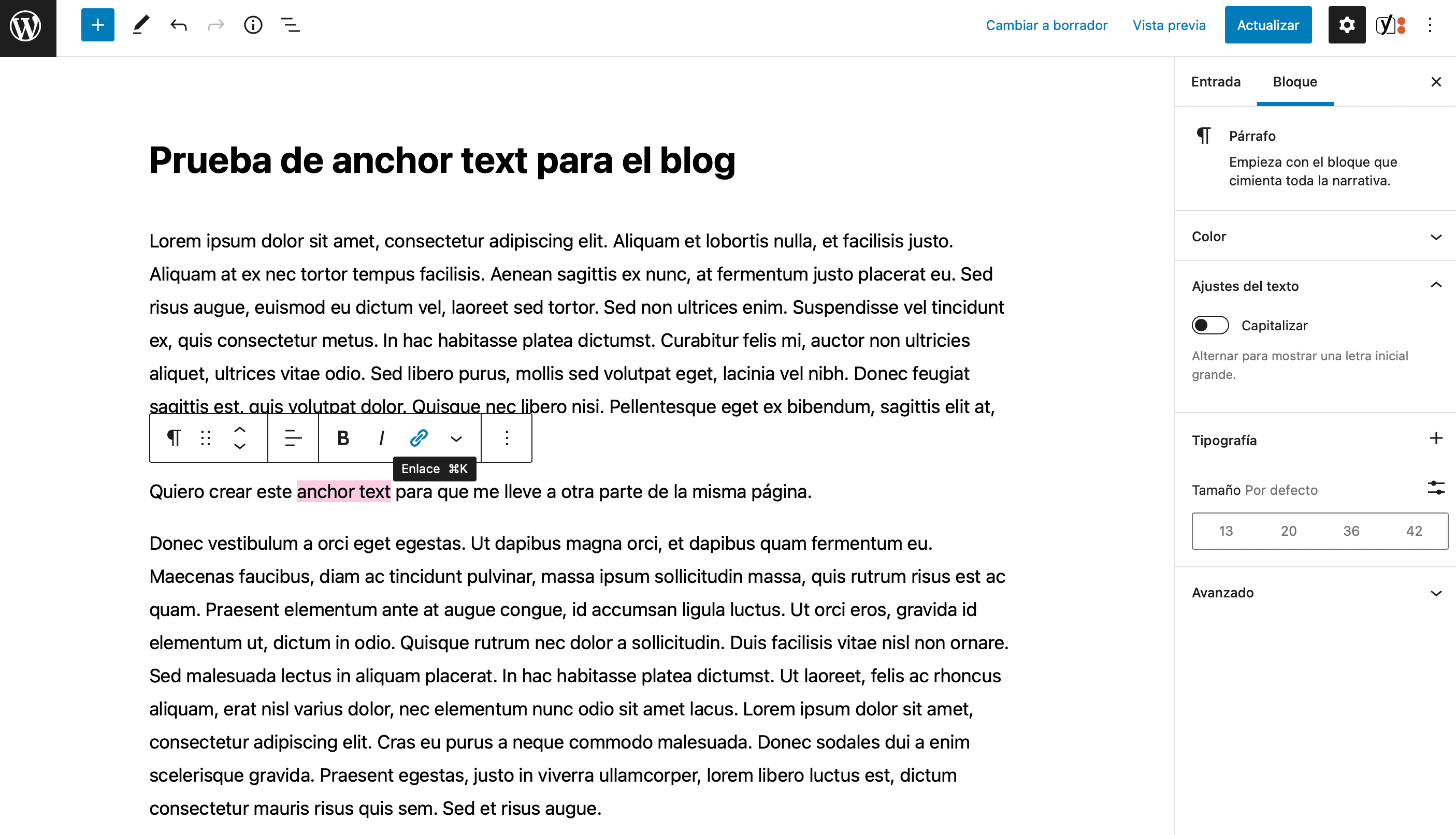Editor de bloques - anchor text