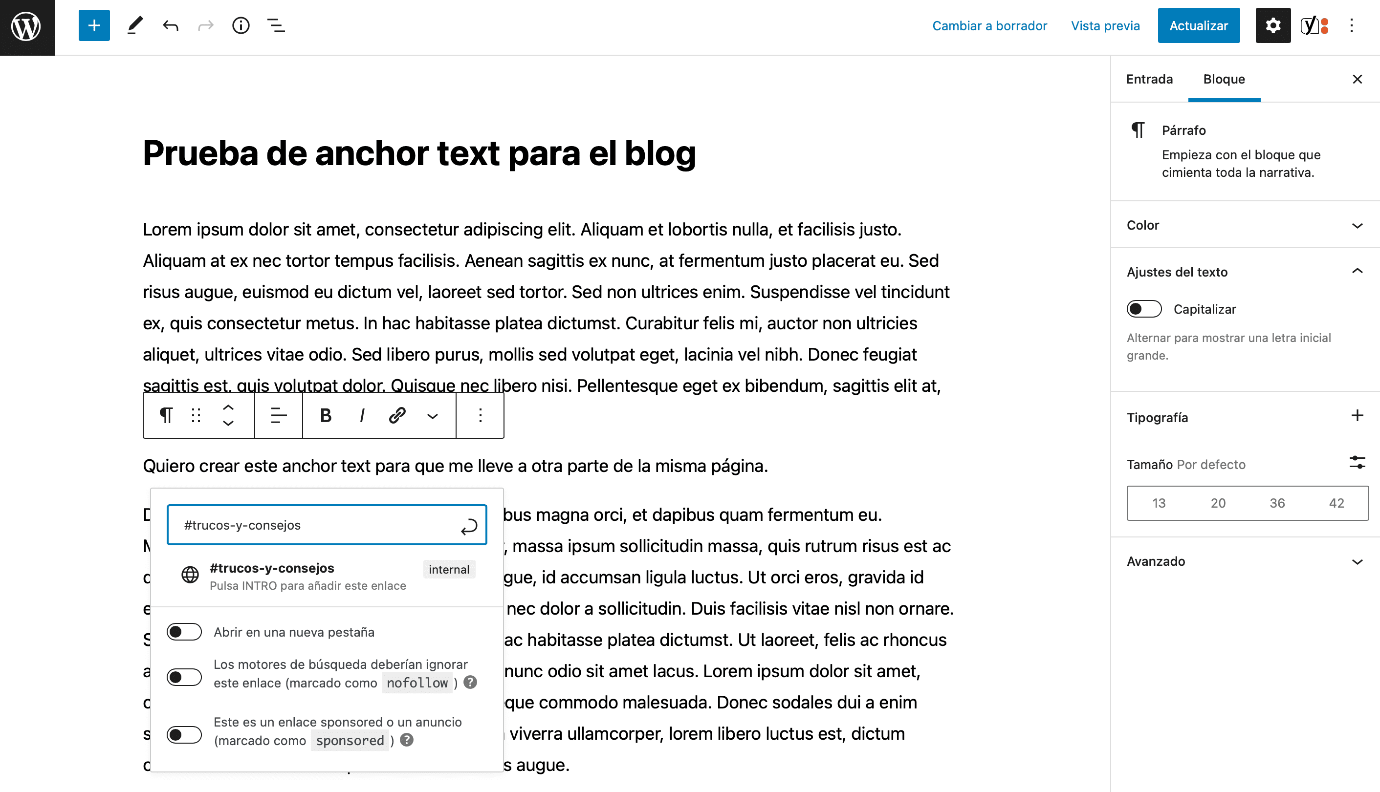 Editor de bloques - anchor text